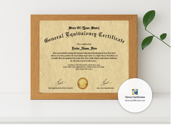 Realistic mockup featuring High School Equivalency Certificate displayed within a modern frame, set against a minimalistic background.