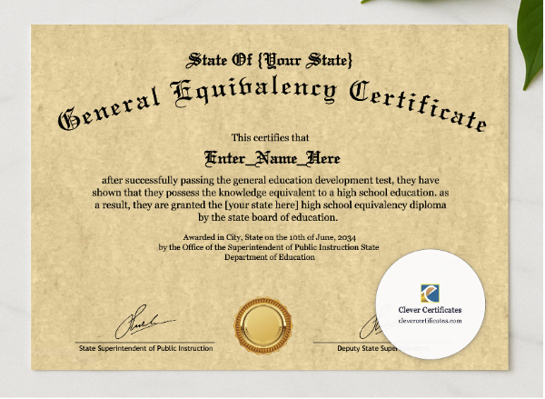 High School Equivalency Certificate presented in a sleek wooden frame, elegantly arranged on a stylish table.