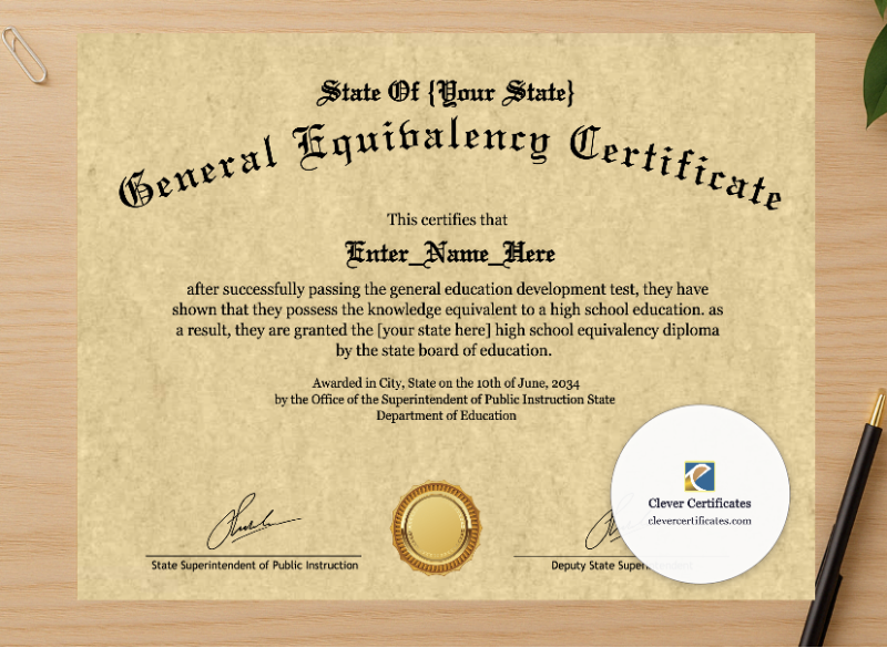 Professional preview of High School Equivalency Certificate certificate on high-quality stationery paper, ideal for showcasing the final look.