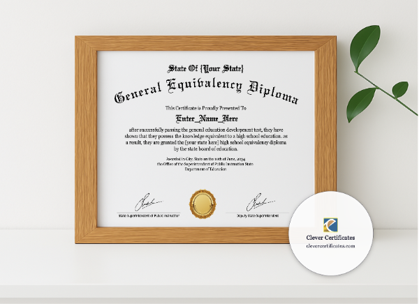 Realistic mockup featuring High School Equivalency Diploma displayed within a modern frame, set against a minimalistic background.