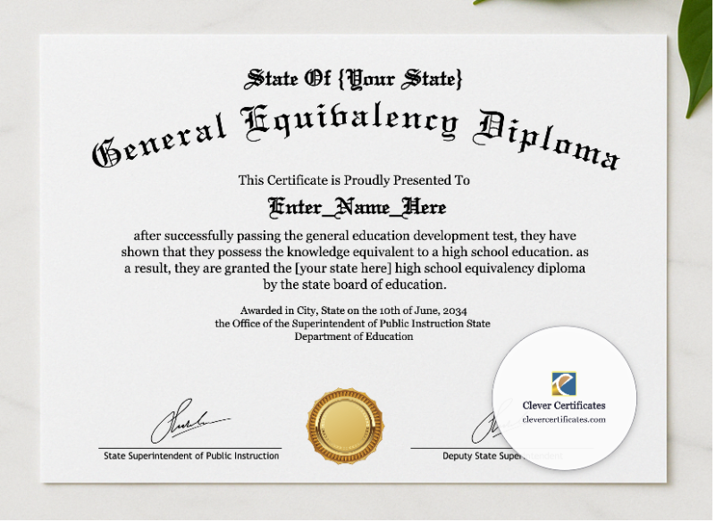High School Equivalency Diploma presented in a sleek wooden frame, elegantly arranged on a stylish table.