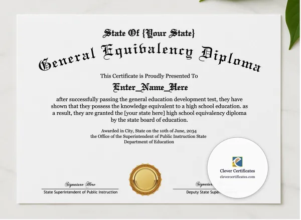 High School Equivalency Diploma presented in a sleek wooden frame, elegantly arranged on a stylish table.