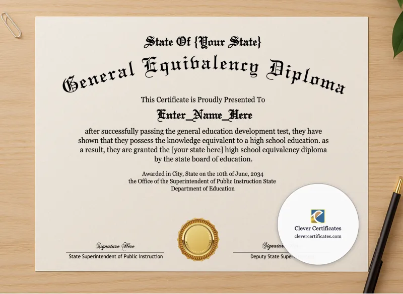 Professional preview of High School Equivalency Diploma certificate on high-quality stationery paper, ideal for showcasing the final look.