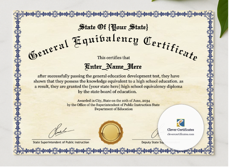 GED Completion Certificate presented in a sleek wooden frame, elegantly arranged on a stylish table.