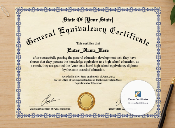 Professional preview of GED Completion Certificate certificate on high-quality stationery paper, ideal for showcasing the final look.