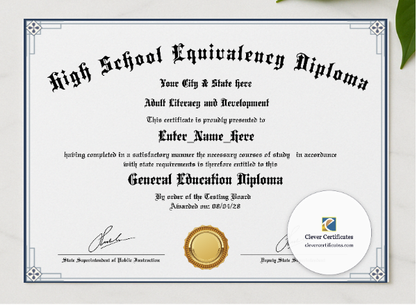 Adult High School Diploma Certificate presented in a sleek wooden frame, elegantly arranged on a stylish table.