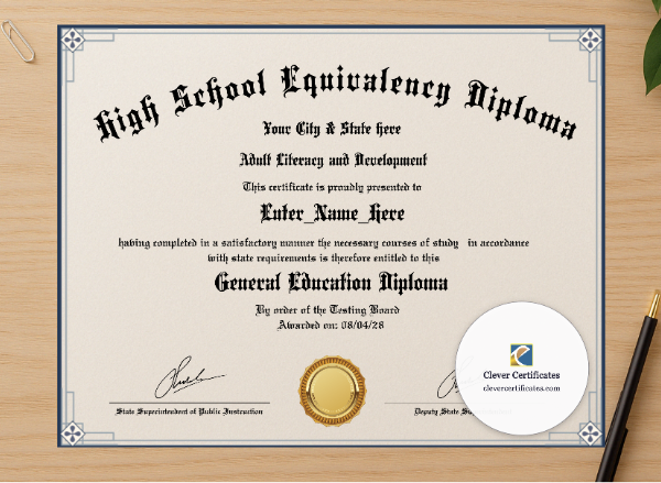 Professional preview of Adult High School Diploma Certificate certificate on high-quality stationery paper, ideal for showcasing the final look.