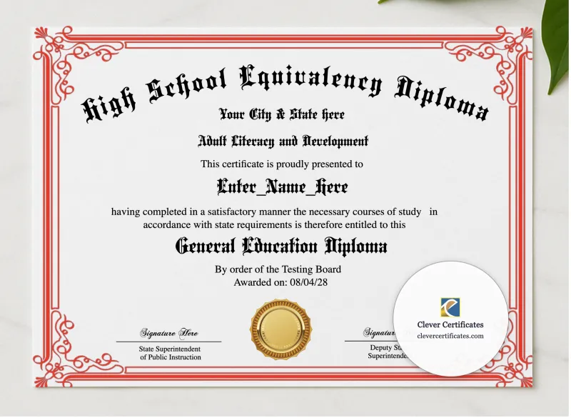 Adult Education Diploma presented in a sleek wooden frame, elegantly arranged on a stylish table.
