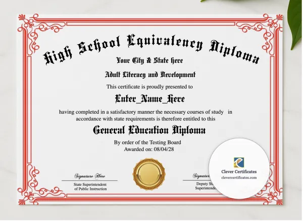 Adult Education Diploma presented in a sleek wooden frame, elegantly arranged on a stylish table.