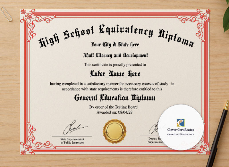 Professional preview of Adult Education Diploma certificate on high-quality stationery paper, ideal for showcasing the final look.