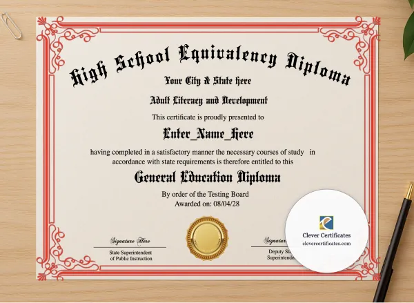 Professional preview of Adult Education Diploma certificate on high-quality stationery paper, ideal for showcasing the final look.