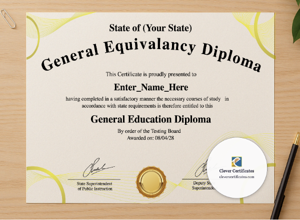 Professional preview of High School Equivalency Graduation Certificate certificate on high-quality stationery paper, ideal for showcasing the final look.
