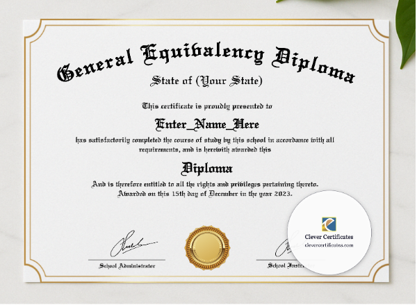 GED Academic Achievement Certificate presented in a sleek wooden frame, elegantly arranged on a stylish table.