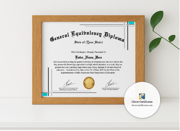 Realistic mockup featuring GED Honors Certificate displayed within a modern frame, set against a minimalistic background.