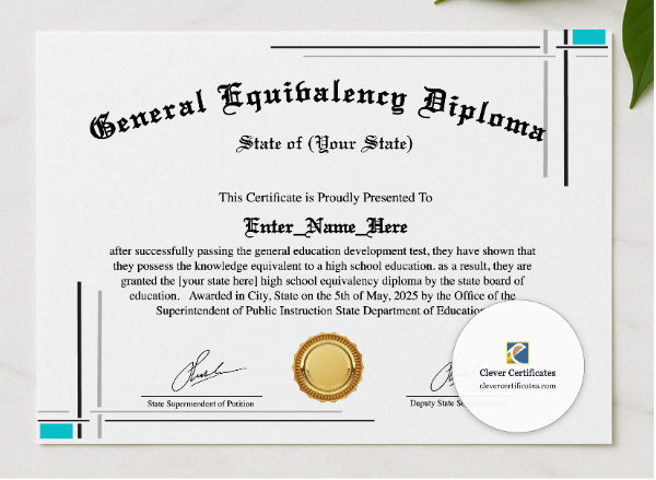 GED Honors Certificate presented in a sleek wooden frame, elegantly arranged on a stylish table.