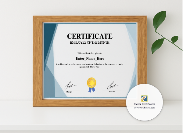 Realistic mockup featuring Employee Of The Month Certificate displayed within a modern frame, set against a minimalistic background.