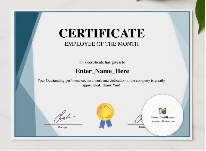 Employee Of The Month Certificate presented in a sleek wooden frame, elegantly arranged on a stylish table.
