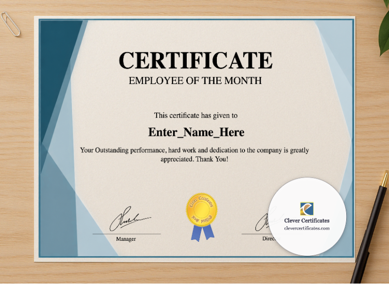 Professional preview of Employee Of The Month Certificate certificate on high-quality stationery paper, ideal for showcasing the final look.