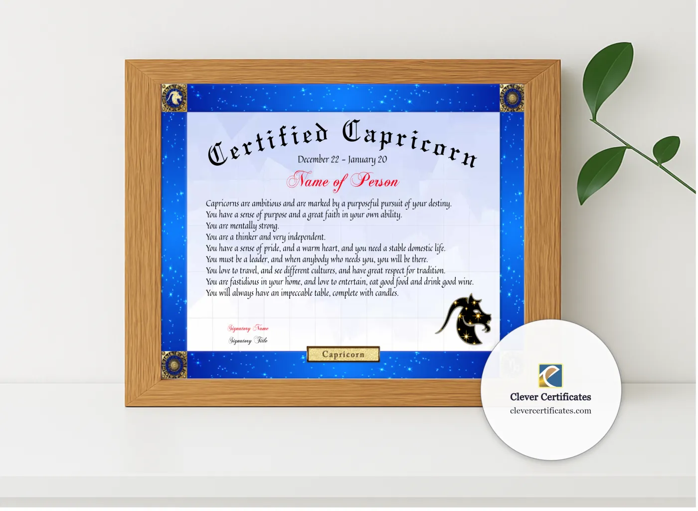 Realistic mockup featuring Certified Capricorn Award displayed within a modern frame, set against a minimalistic background.