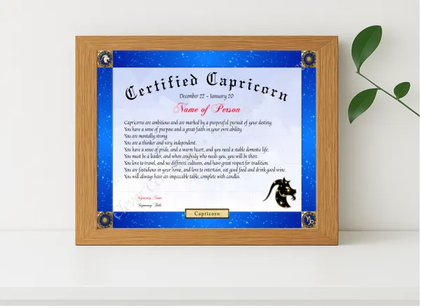 Realistic mockup featuring Certified Capricorn Award displayed within a modern frame, set against a minimalistic background.