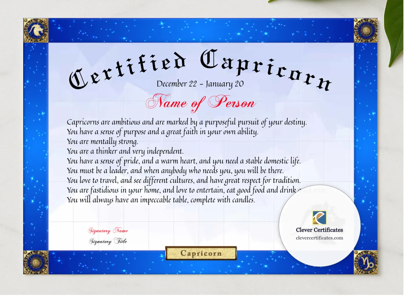 Certified Capricorn Award presented in a sleek wooden frame, elegantly arranged on a stylish table.