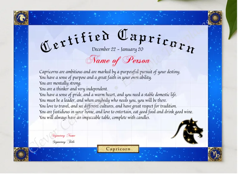 Certified Capricorn Award presented in a sleek wooden frame, elegantly arranged on a stylish table.