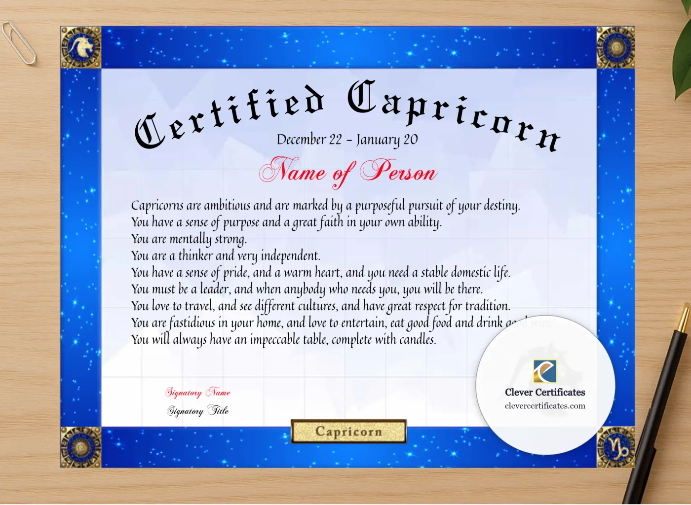 Professional preview of Certified Capricorn Award certificate on high-quality stationery paper, ideal for showcasing the final look.