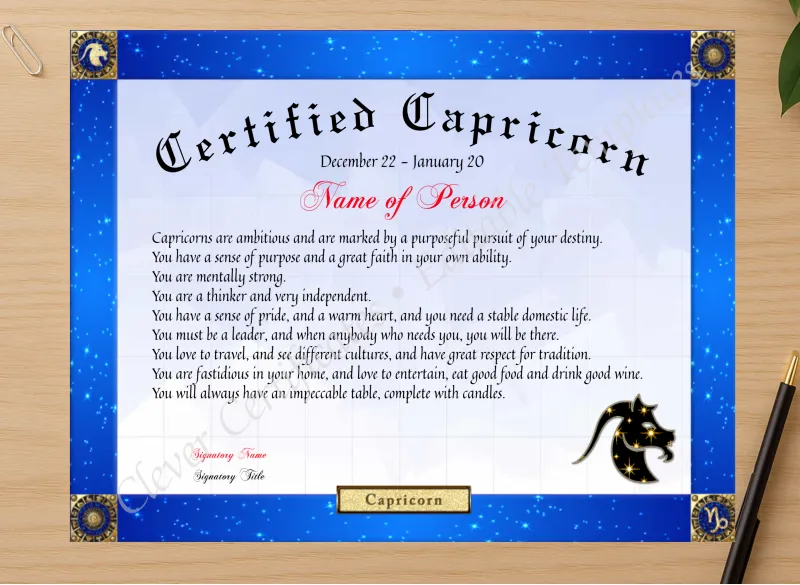 Professional preview of Certified Capricorn Award certificate on high-quality stationery paper, ideal for showcasing the final look.