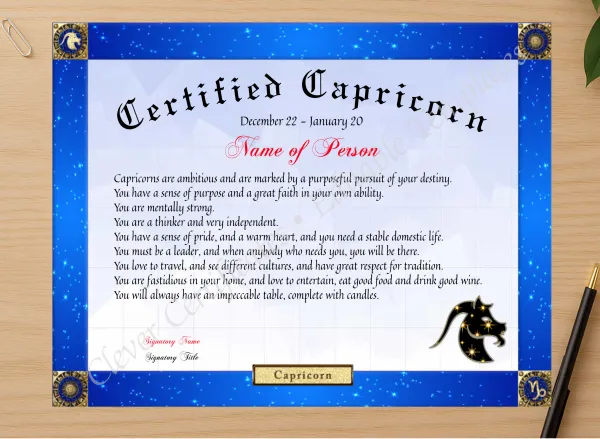Professional preview of Certified Capricorn Award certificate on high-quality stationery paper, ideal for showcasing the final look.