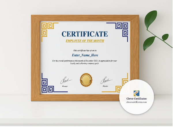 Realistic mockup featuring Staff Of The Month Certificate displayed within a modern frame, set against a minimalistic background.