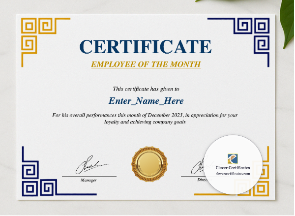 Staff Of The Month Certificate presented in a sleek wooden frame, elegantly arranged on a stylish table.