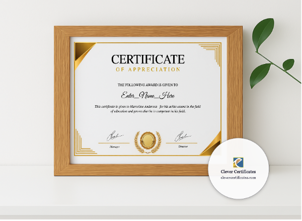 Realistic mockup featuring Employee Appreciation Certificate displayed within a modern frame, set against a minimalistic background.