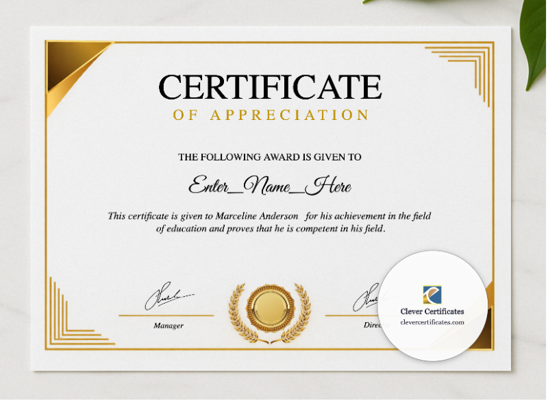 Employee Appreciation Certificate presented in a sleek wooden frame, elegantly arranged on a stylish table.
