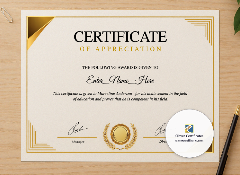 Professional preview of Employee Appreciation Certificate certificate on high-quality stationery paper, ideal for showcasing the final look.