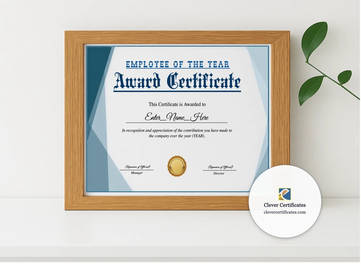 Realistic mockup featuring Employee Of The Year Award Certificate displayed within a modern frame, set against a minimalistic background.