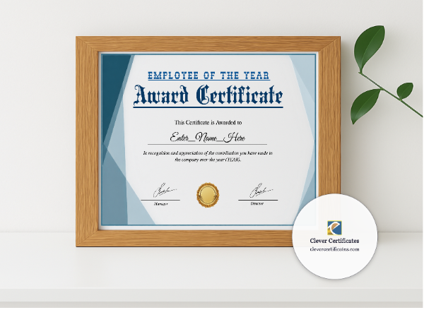 Realistic mockup featuring Employee Of The Year Award Certificate displayed within a modern frame, set against a minimalistic background.