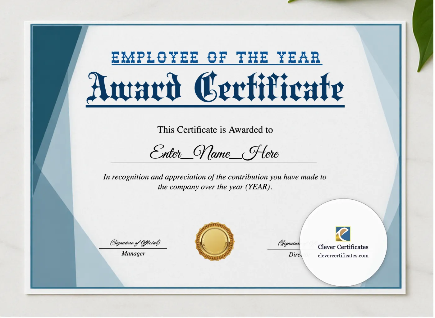 Employee Of The Year Award Certificate presented in a sleek wooden frame, elegantly arranged on a stylish table.