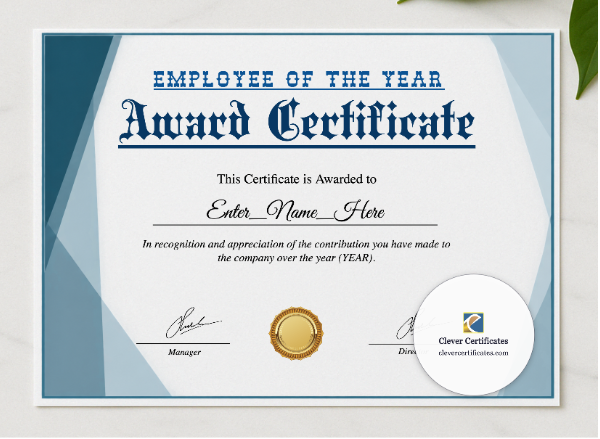 Employee Of The Year Award Certificate presented in a sleek wooden frame, elegantly arranged on a stylish table.