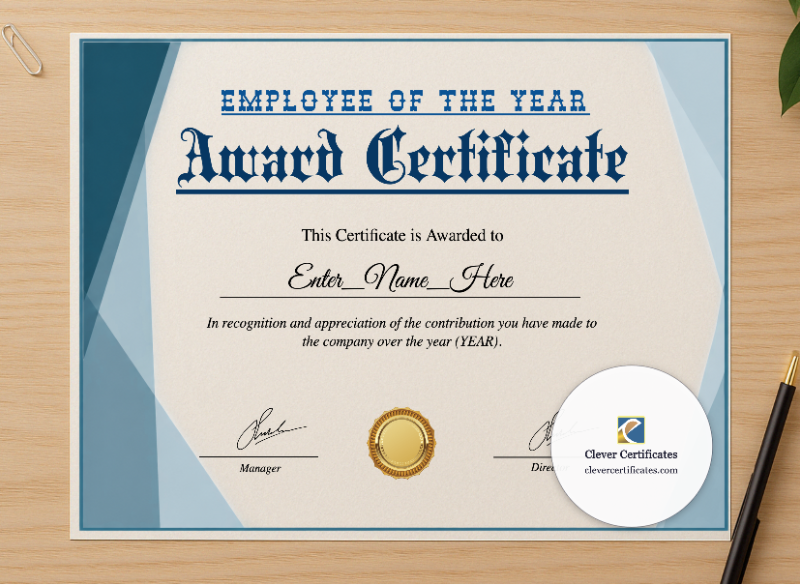Professional preview of Employee Of The Year Award Certificate certificate on high-quality stationery paper, ideal for showcasing the final look.