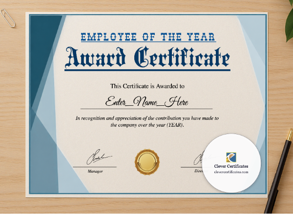 Professional preview of Employee Of The Year Award Certificate certificate on high-quality stationery paper, ideal for showcasing the final look.