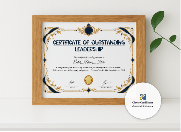 Realistic mockup featuring Leadership Excellence Certificate  displayed within a modern frame, set against a minimalistic background.