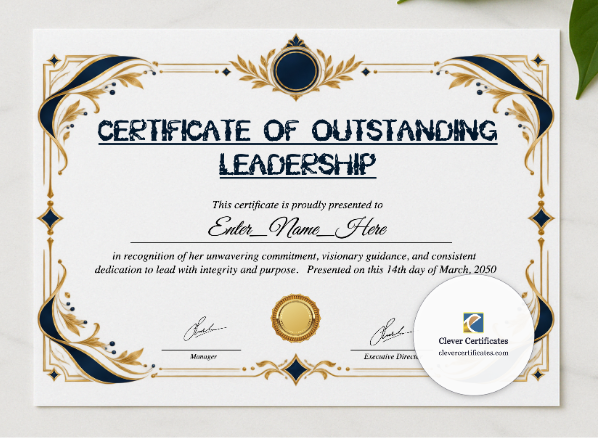 Leadership Excellence Certificate  presented in a sleek wooden frame, elegantly arranged on a stylish table.