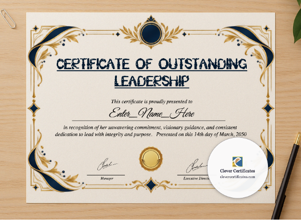 Professional preview of Leadership Excellence Certificate  certificate on high-quality stationery paper, ideal for showcasing the final look.