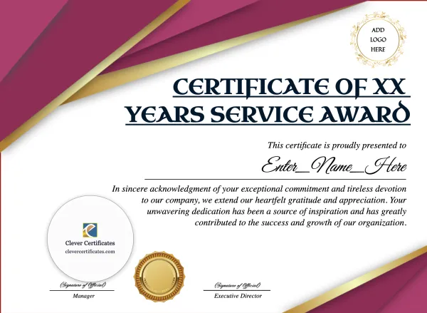 Free Years Of Service Award Certificate