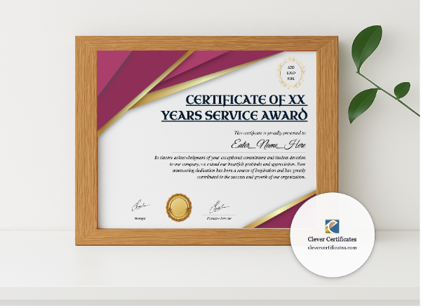 Realistic mockup featuring Years Of Service Award Certificate displayed within a modern frame, set against a minimalistic background.