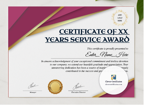 Years Of Service Award Certificate presented in a sleek wooden frame, elegantly arranged on a stylish table.