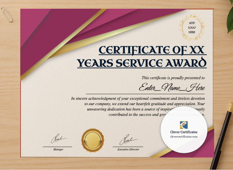 Professional preview of Years Of Service Award Certificate certificate on high-quality stationery paper, ideal for showcasing the final look.