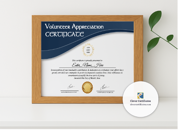 Realistic mockup featuring Volunteer Appreciation Certificate displayed within a modern frame, set against a minimalistic background.