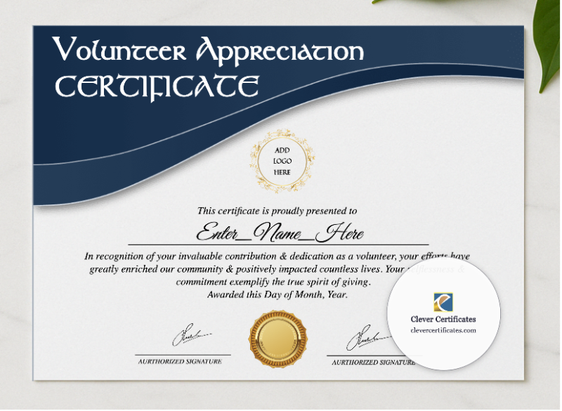Volunteer Appreciation Certificate presented in a sleek wooden frame, elegantly arranged on a stylish table.