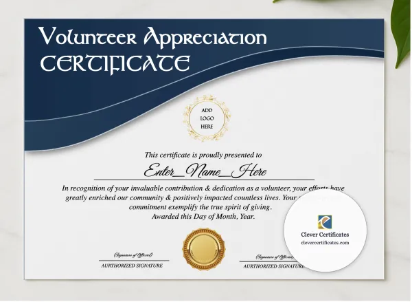 Volunteer Appreciation Certificate presented in a sleek wooden frame, elegantly arranged on a stylish table.